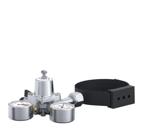 Regler von Hansgrohe mit zwei Druckmanometern, Metallgehäuse und einer Halterung. Geeignet für CO2-Flaschen.